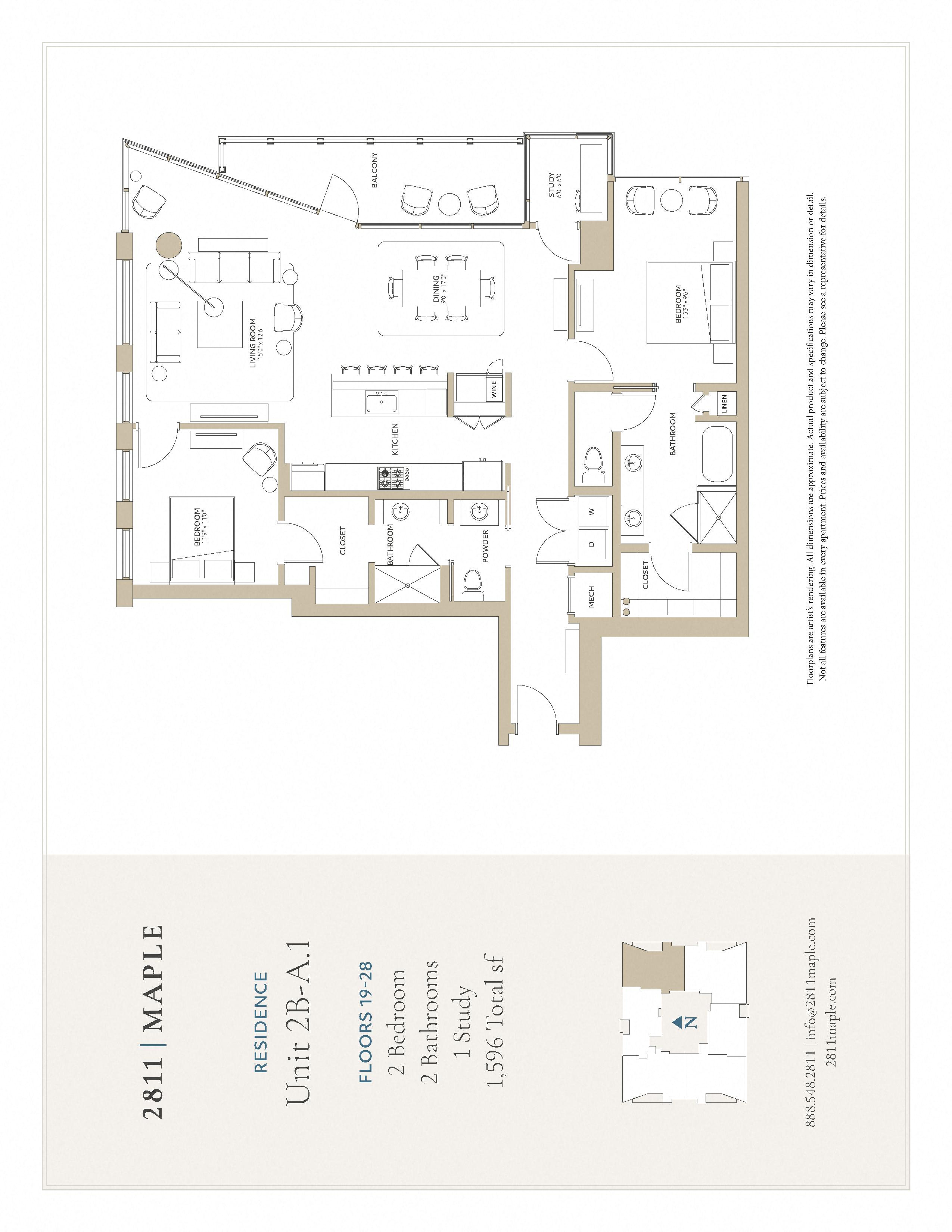 Floor plan for 2 beds, 2 baths, 1596 sqft